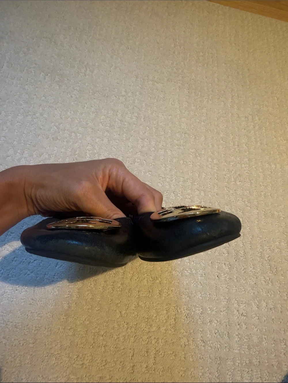 Tory Burch Black Leather Logo Ballet Flats with Gold-Tone Medallions